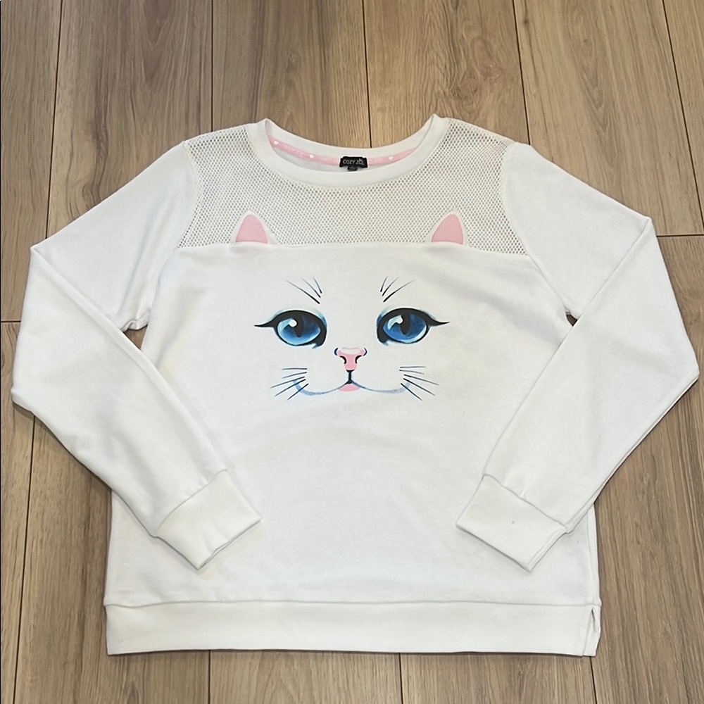 Cozy Zoe White Cat Ear Lightweight Cotton Blend Sweatshirt